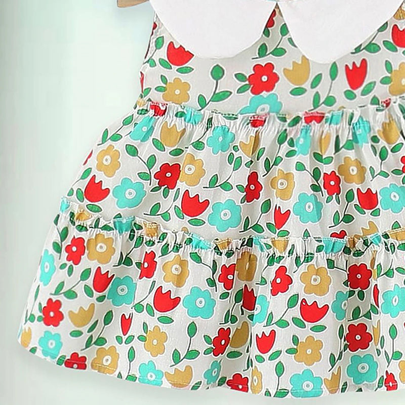 Girls Red Floral Print Peter Pan Collar Tiered Dress Casual Dresses