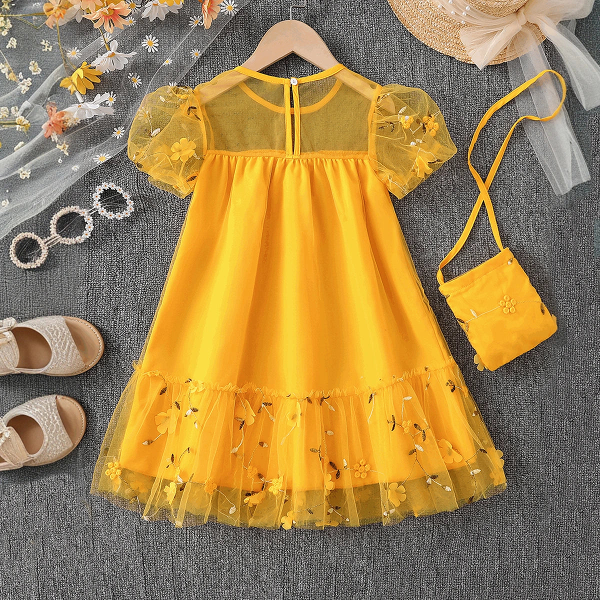 Girls Yellow Floral Embroidered Puff Sleeve Fit & Flare Dress Casual Dresses