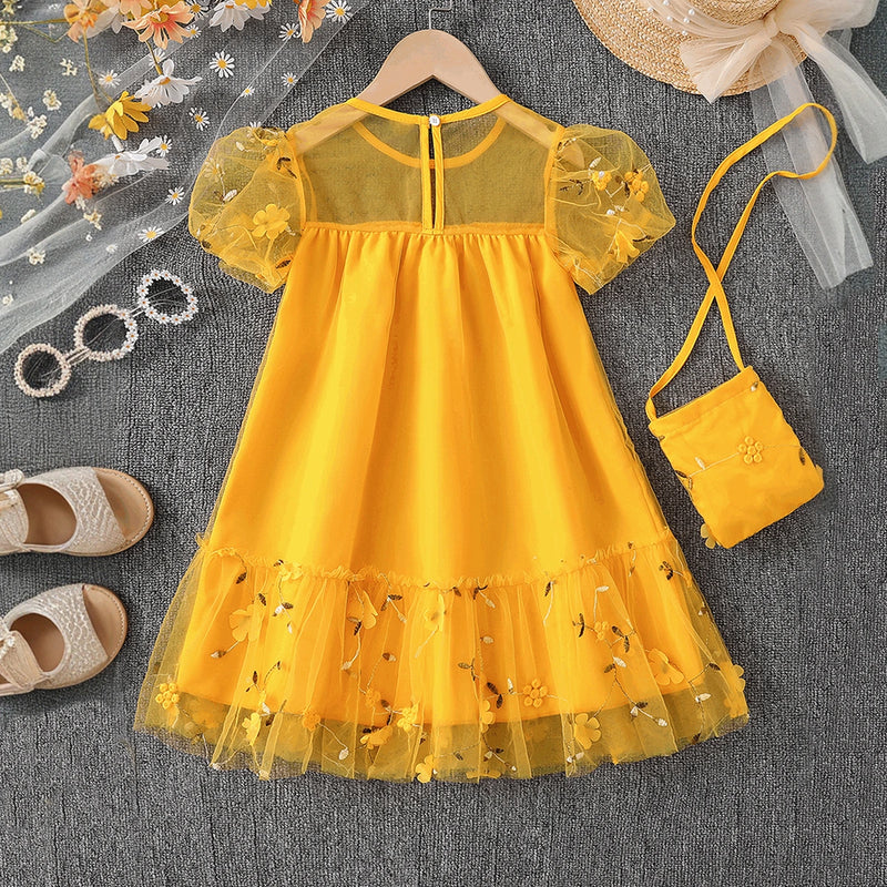 Girls Yellow Floral Embroidered Puff Sleeve Fit & Flare Dress Casual Dresses