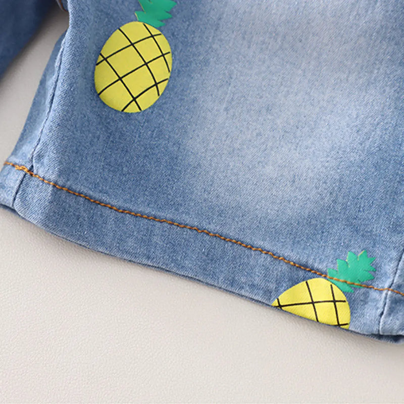Boys Orange Pineapple Printed Round Neck T-Shirt With Denim Shorts Sets 2 pc. Sets
