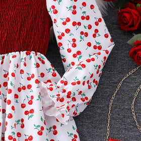 Girls White Cherry Printed Smocked Maxi Dress Casual Dresses