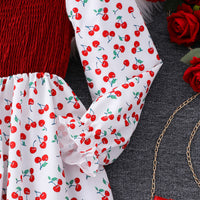 Girls White Cherry Printed Smocked Maxi Dress Casual Dresses