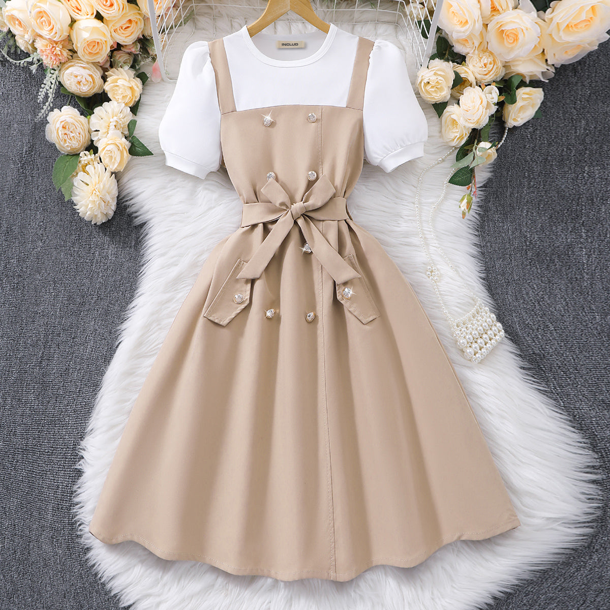 Girls Khaki Short Sleeves Round Neck Fit & Flare Dress Casual Dresses Khaki 7-8 Y