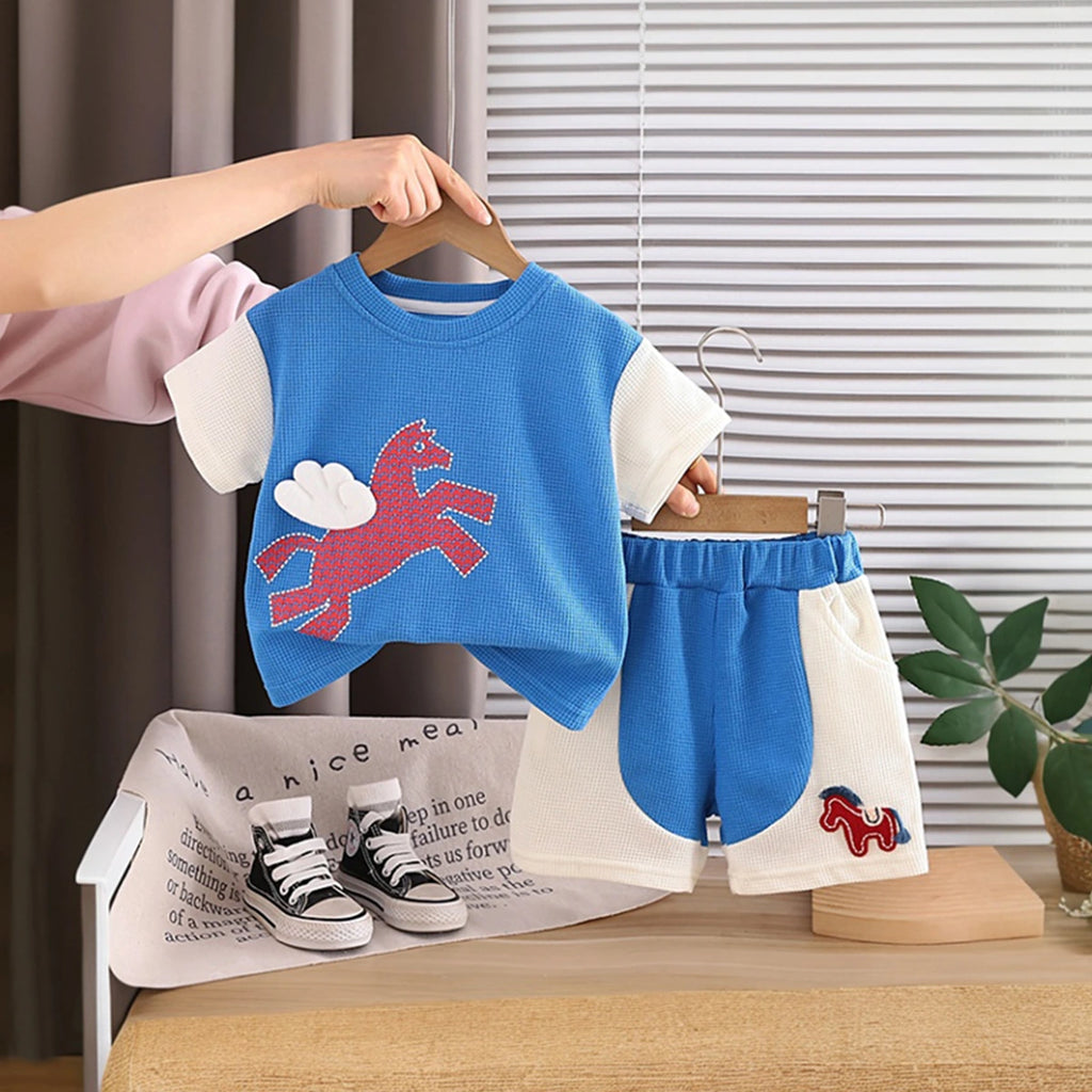 Boys Blue Horse Cartoon Print T-Shirt & Shorts Co-ord Sets Sets Blue 1-2 Y