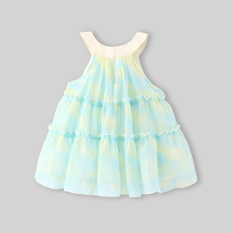 Girls Blue Abstract Print Tiered Halter Neck Dress Casual Dresses
