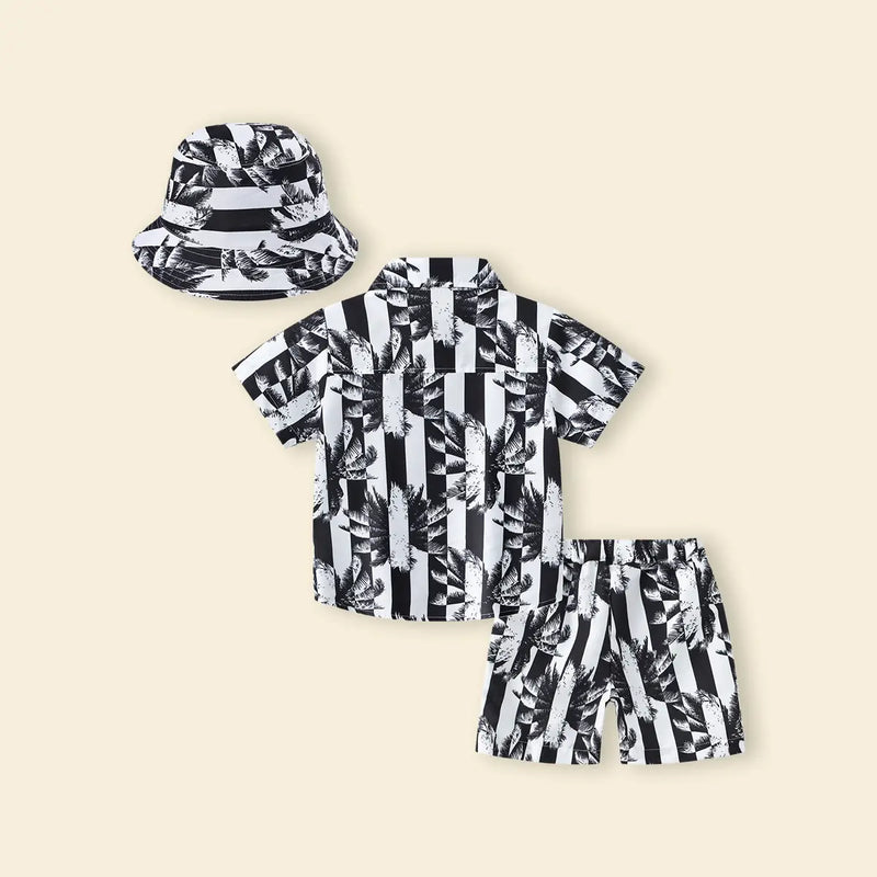 Boys Black Tropical Print Button-Down Shirt With Shorts & Hat Co-ord Sets Sets