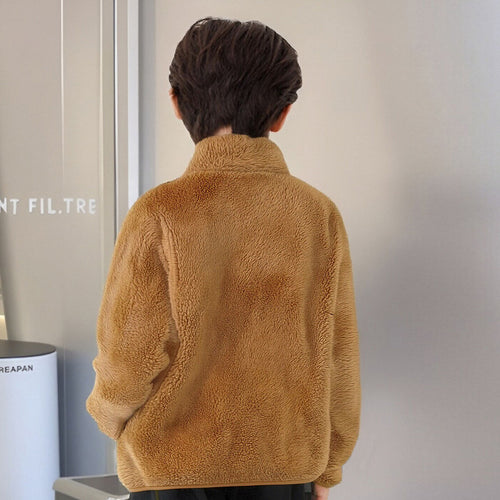 Boys Brown Solid Polar Fleece Zip Up Winter Jacket Coats & Jackets