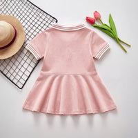 Girls Light Pink Bear Applique Pleated Fit & Flare Polo Dress Casual Dresses