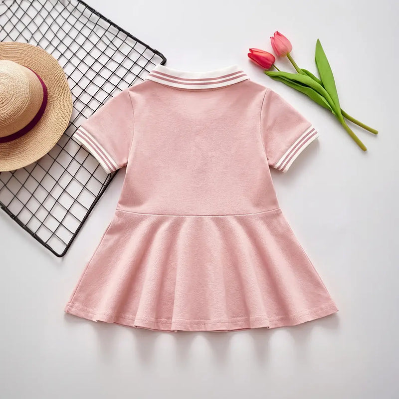 Girls Light Pink Bear Applique Pleated Fit & Flare Polo Dress Casual Dresses