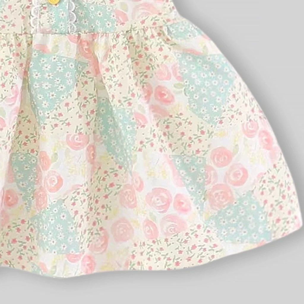 Girls Beige Floral Print Peter Pan Collar Fit And Flare Dress Casual Dresses