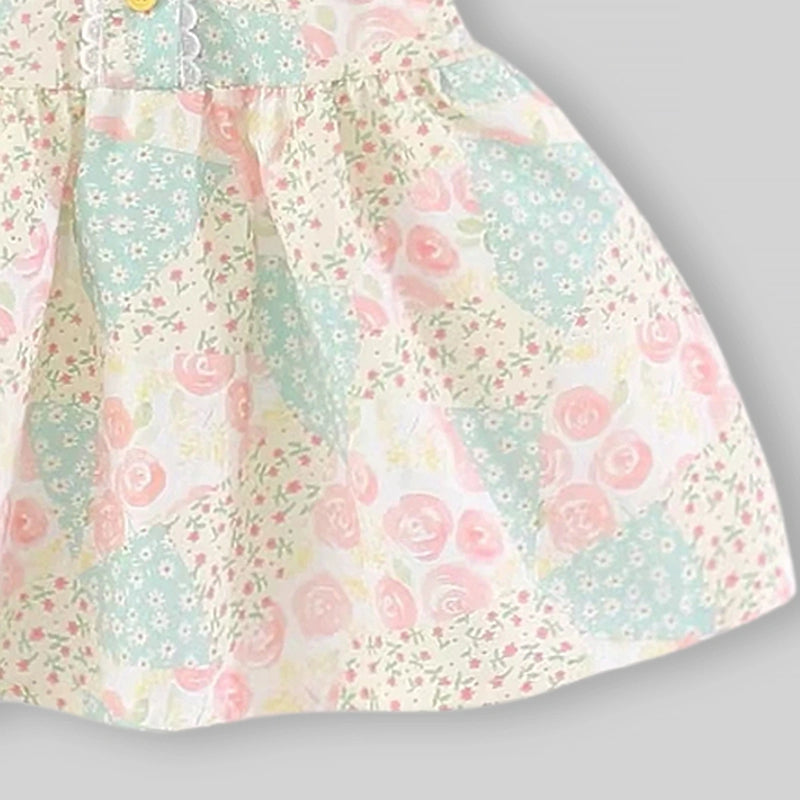Girls Beige Floral Print Peter Pan Collar Fit And Flare Dress Casual Dresses