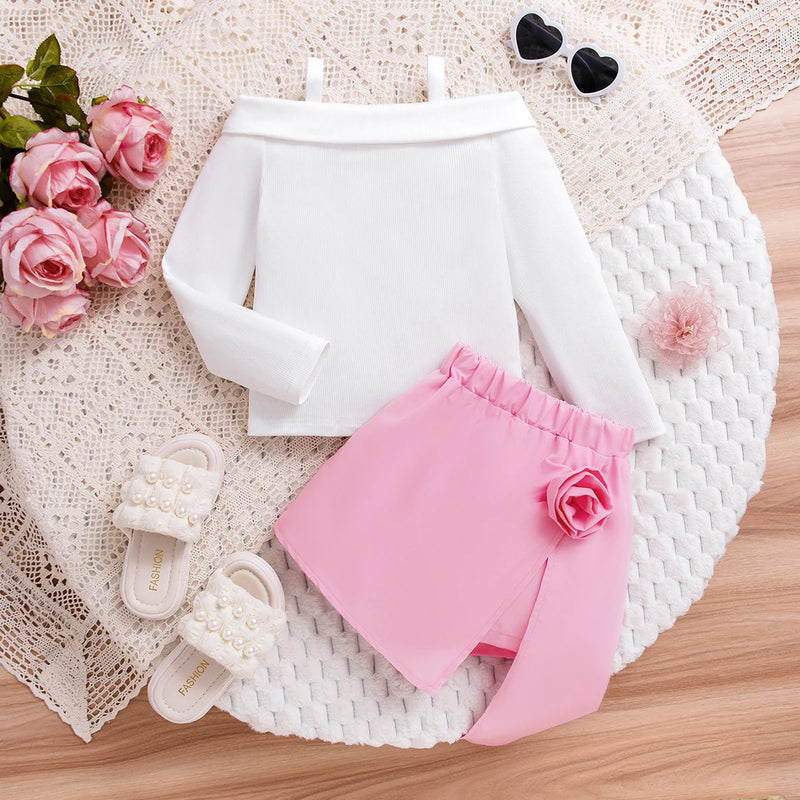 Girls White Off-Shoulder Long Sleeve Top With Shorts Sets 2 pc. Sets White 3-4 Y