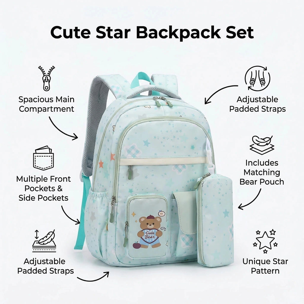 Kids Sea Green Bear Print Multi-Pocket School Backpack Trending Accessories