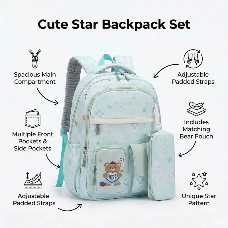 Kids Sea Green Bear Print Multi-Pocket School Backpack Trending Accessories