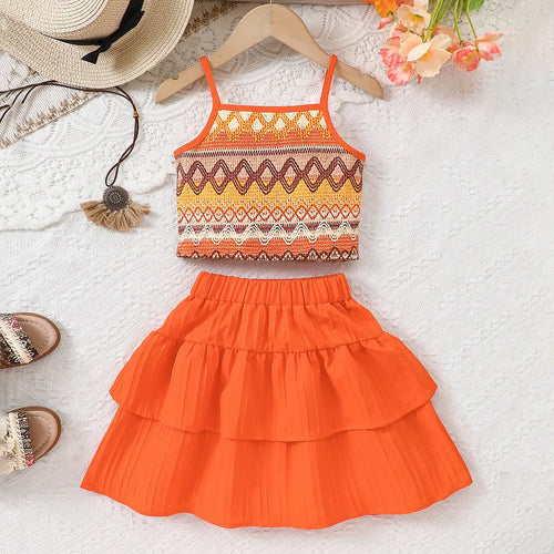 Girls Orange Geometric Printed Top With Tiered Skirt Sets Sets