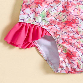 Girls Pink Mermaid Printed Top With Briefs Two-Piece Swimwear Sets Sets