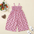 Girls Pink Sleeveless Floral Printed Smocked Long Length Jumpsuit Jumpsuits Pink 2-3 Y