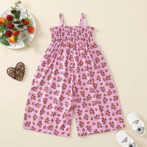 Girls Pink Sleeveless Floral Printed Smocked Long Length Jumpsuit Jumpsuits Pink 2-3 Y