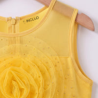Girls yellow sleeveless party gown with floral applique and tulle
