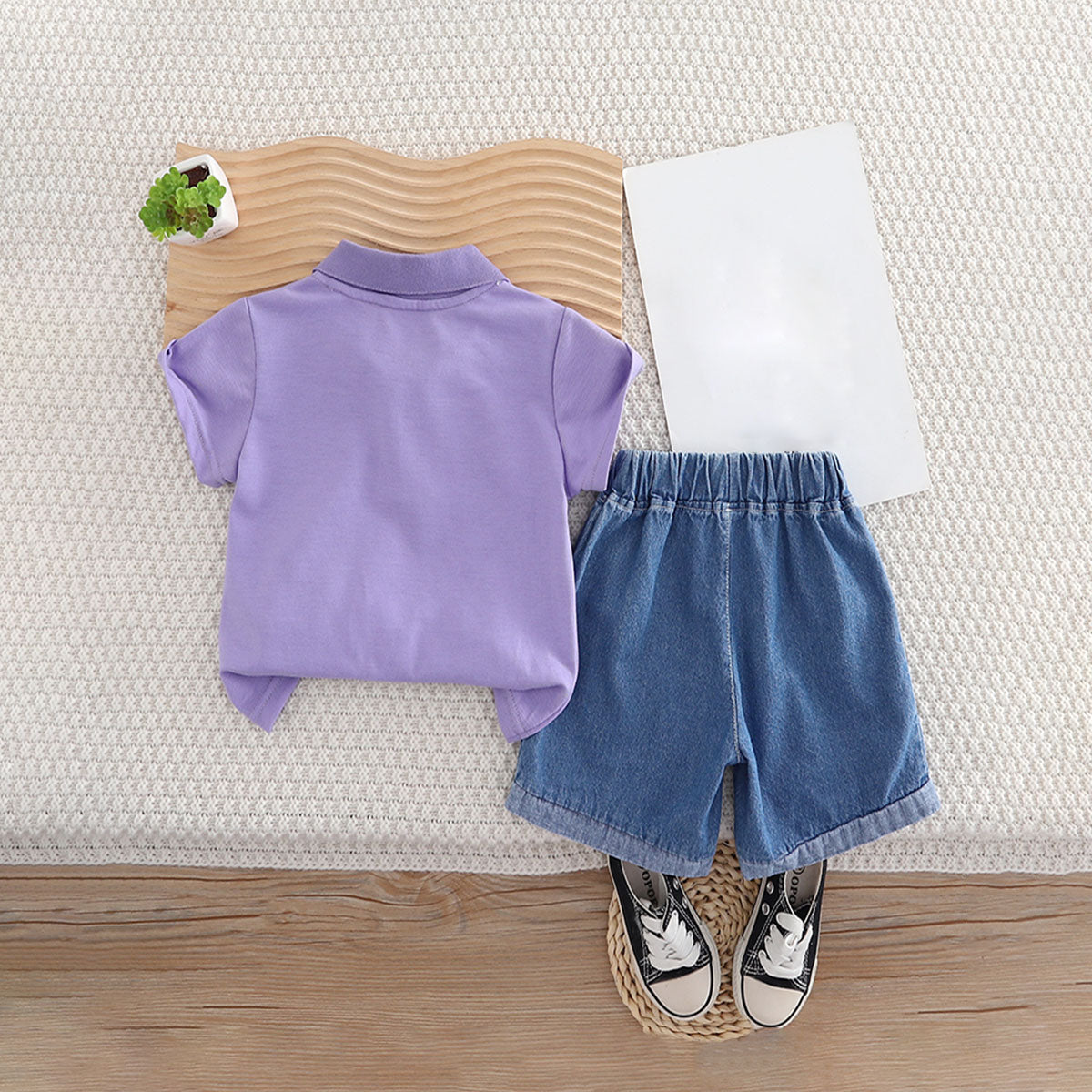 Boys Purple Graphic Short Sleeves Polo T-Shirt With Denim Shorts Set 2 pc. Sets