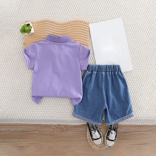 Boys Purple Graphic Short Sleeves Polo T-Shirt With Denim Shorts Set 2 pc. Sets