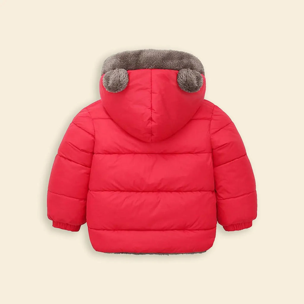 Boys Red Zip-up Puffer Jacket With Bear Ear On Hood Coats & Jackets
