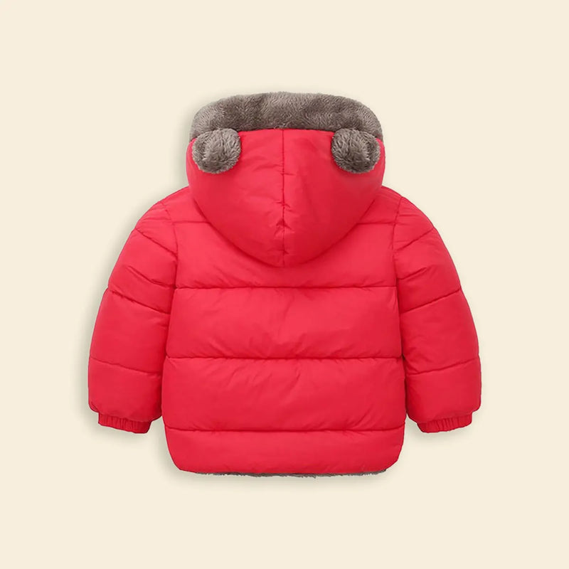 Boys Red Zip-up Puffer Jacket With Bear Ear On Hood Coats & Jackets