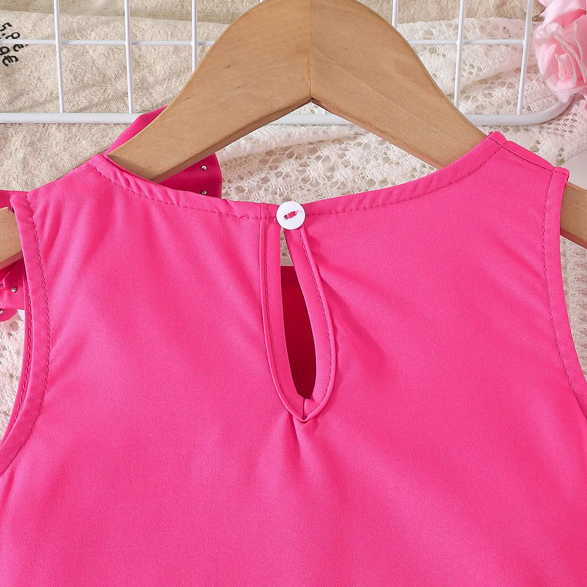 Girls Fuchsia Pearl Bow Lace Top With Denim Shorts Sets Sets