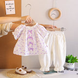 Girls Purple Floral Printed Bow Appliqued Top With Pants Sets