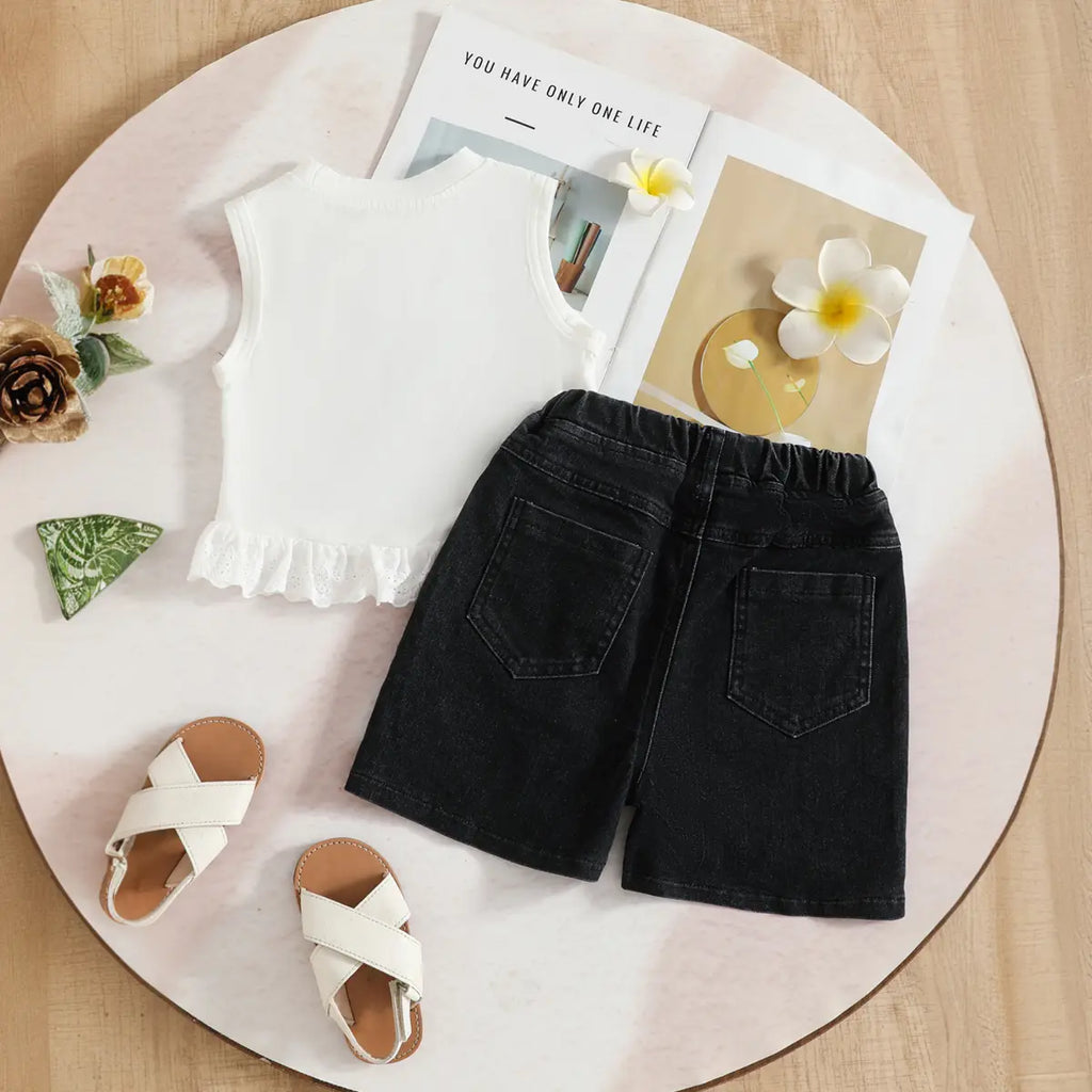 Girls White Butterfly Applique Sleeveless Top With Embellished Denim Shorts Set Sets