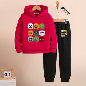 Boys Red Graphics Halloween-Themed Printed Hooded Sweatshirt With Jogger Sets 2 pc. Sets Red 5-6 Y