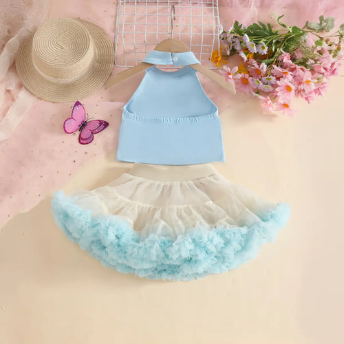 Girls Light Blue Butterfly Applique Halter Top With Tiered Tulle Tutu Skirt Sets Sets