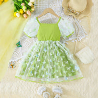 Girls Light Green 3D Butterfly Applique Fit & Flare Dress With Puff Sleeves Casual Dresses