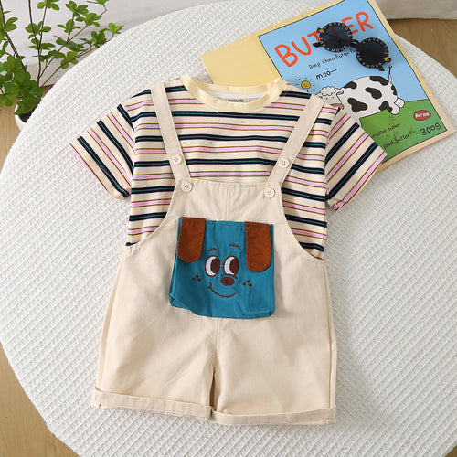 Boys Off-White Striped T-shirt with Puppy Patch Dungaree Set Sets Off White 1-2 Y