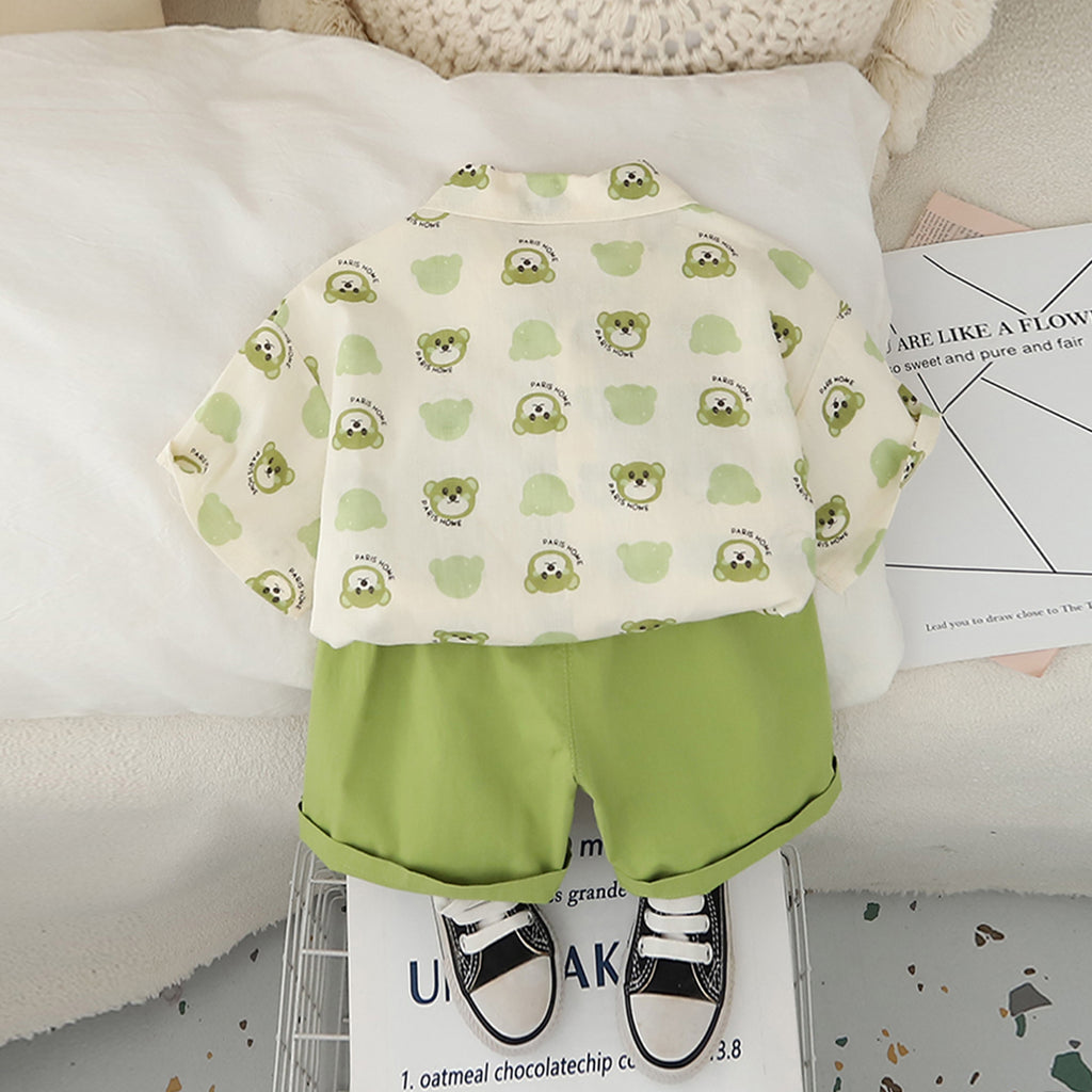 Boys Green Printed Short Sleeves Contrast Flap Shirt With Shorts Set 2 pc. Sets