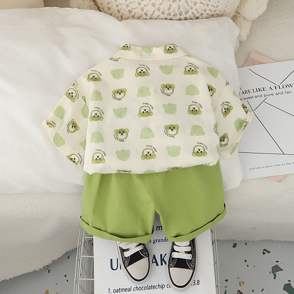 Boys Green Printed Short Sleeves Contrast Flap Shirt With Shorts Set 2 pc. Sets