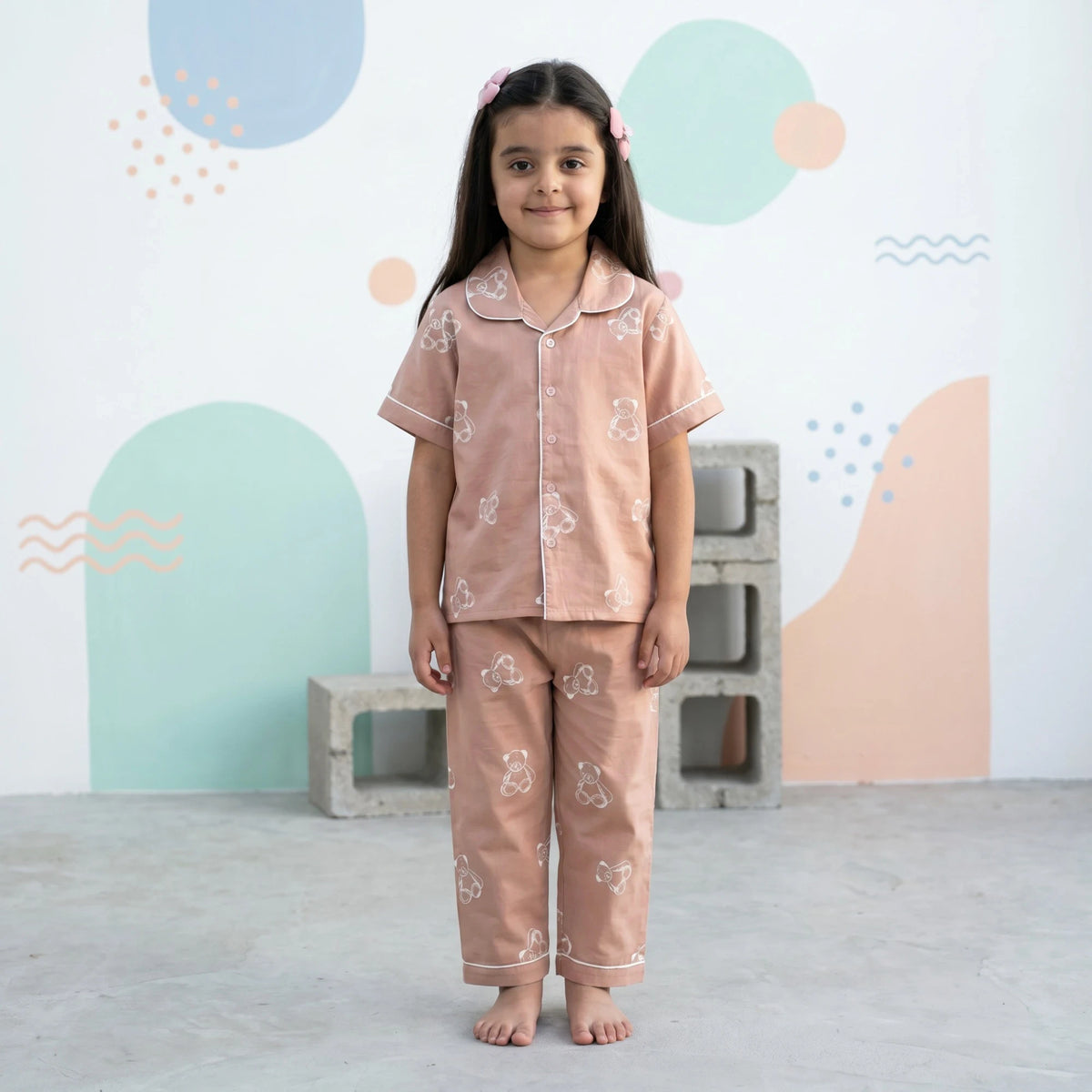 Girls Light Brown Teddy Bear Printed Short Sleeve Shirt With Elasticated Pyjama Sets Sets Brown 6-9 M