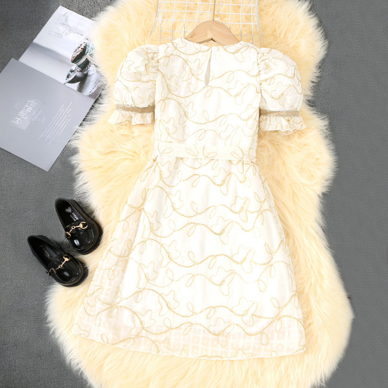 Girls White Puff Sleeve Embroidered Dress Casual Dresses