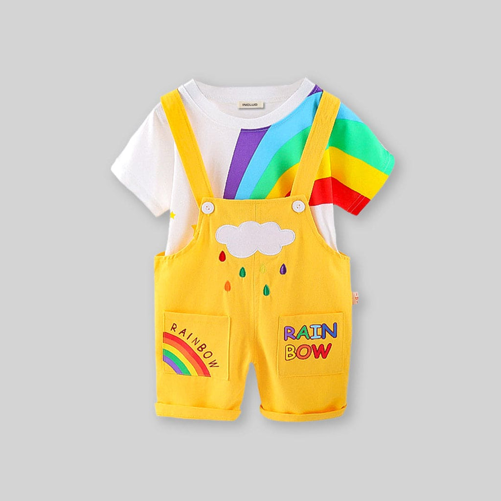 Boys Yellow Rainbow Print T-Shirt With Dungaree Set Sets Yellow 1-2 Y 