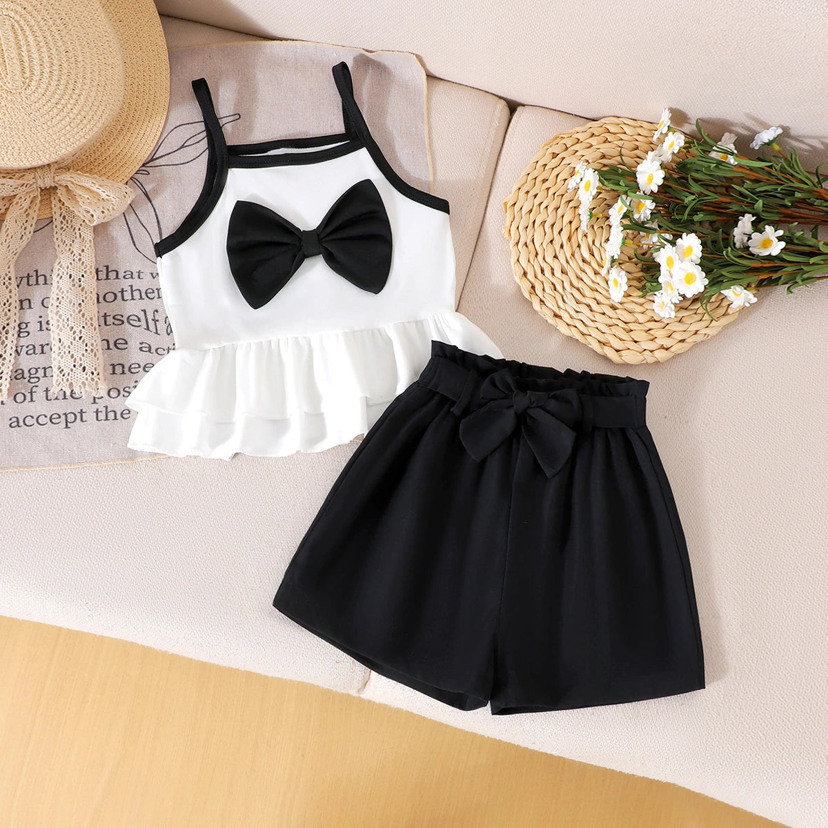 Girls White Bow Applique Peplum Top With Shorts Sets 2 pc. Sets White 2-3 Y