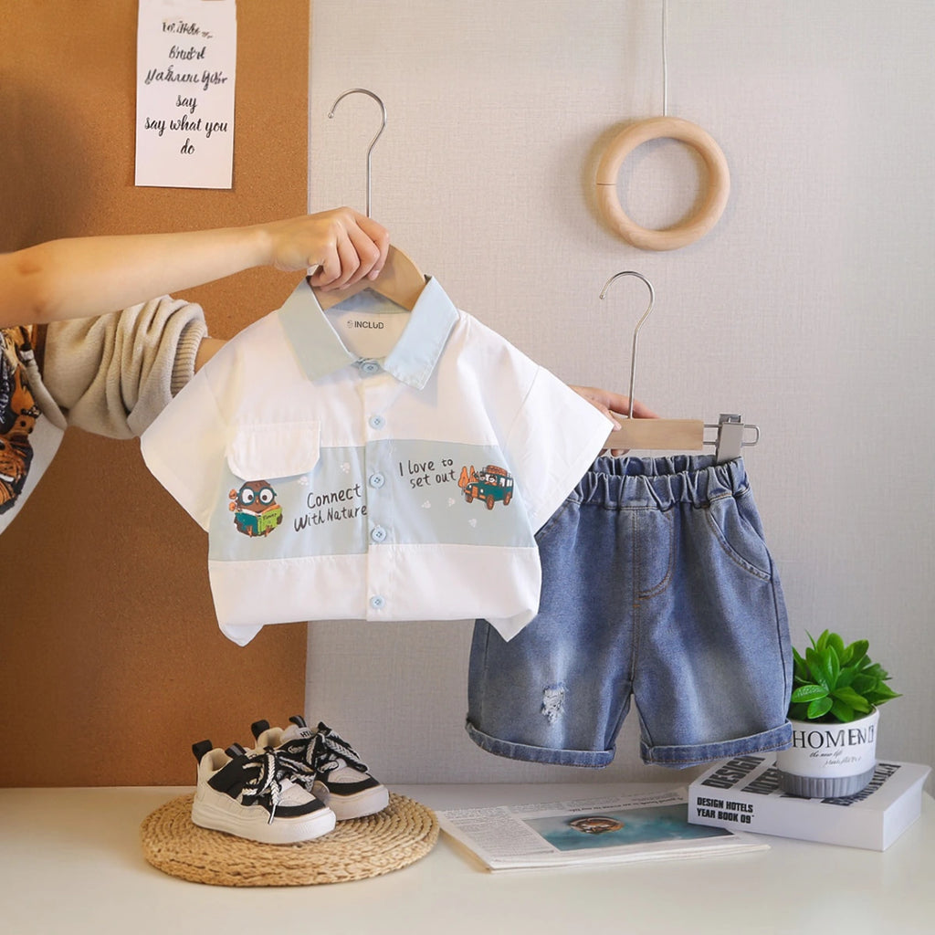 Boys Blue Car Graphic Short Sleeve Shirt With Denim Shorts Sets 2 pc. Sets Blue 1-2 Y