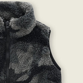 Girls Dark Grey Abstract Printed Fleece Front Zipper Sleeveless Winter Jacket Coats & Jackets
