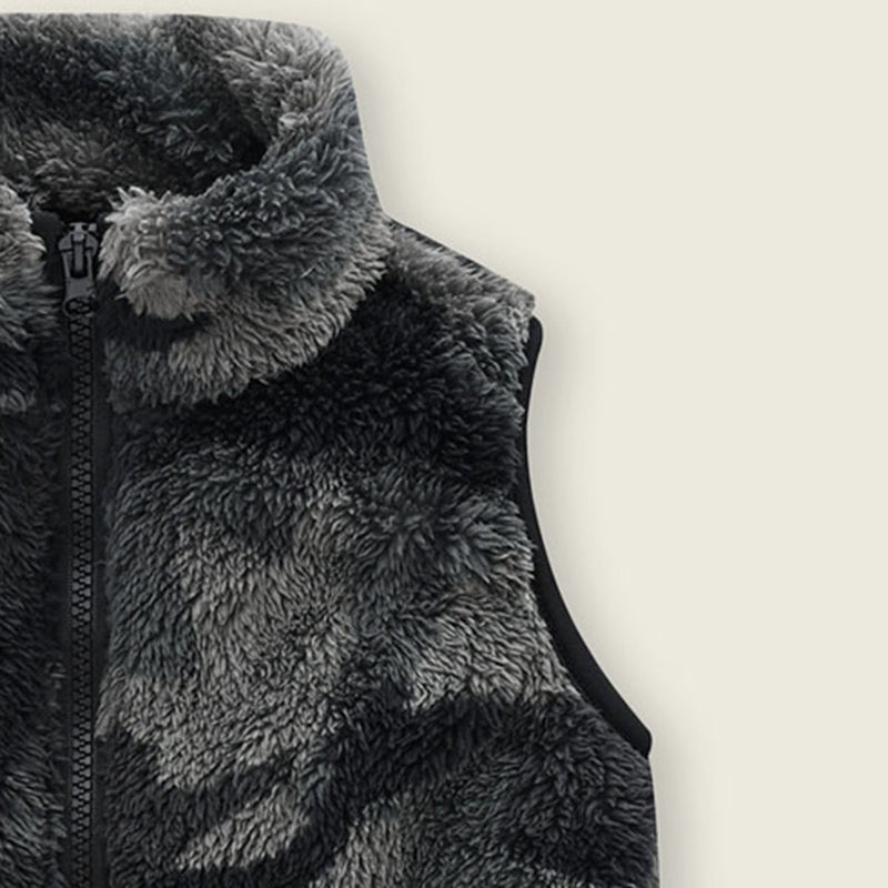 Girls Dark Grey Abstract Printed Fleece Front Zipper Sleeveless Winter Jacket Coats & Jackets
