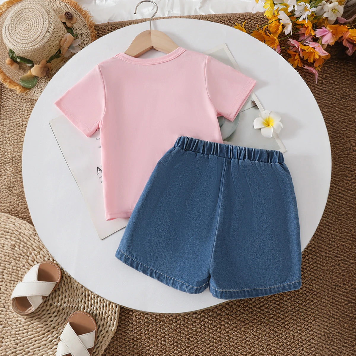 Girls Pink Flowers Applique Short Sleeves Top With Denim Shorts Set Sets