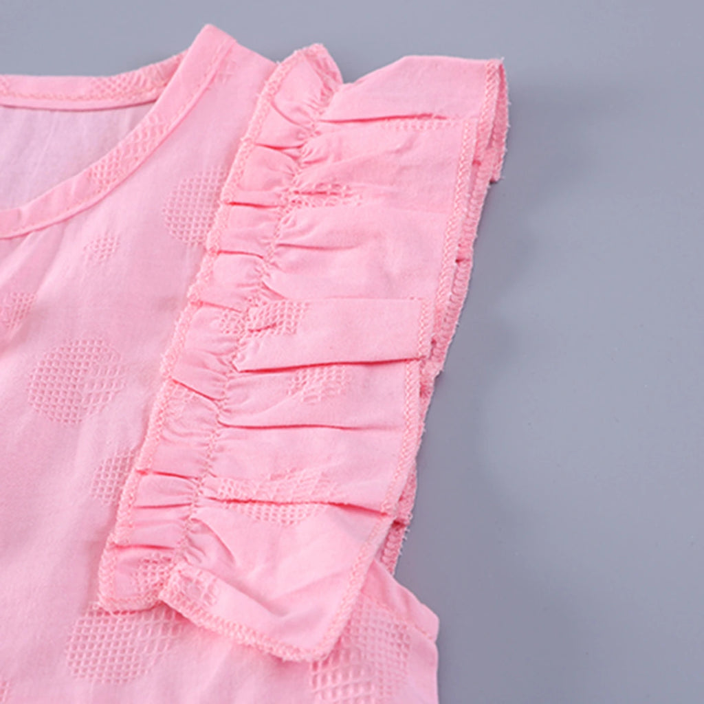 Girls Pink Self Design Top With Pleated Denim Shorts Set Sets
