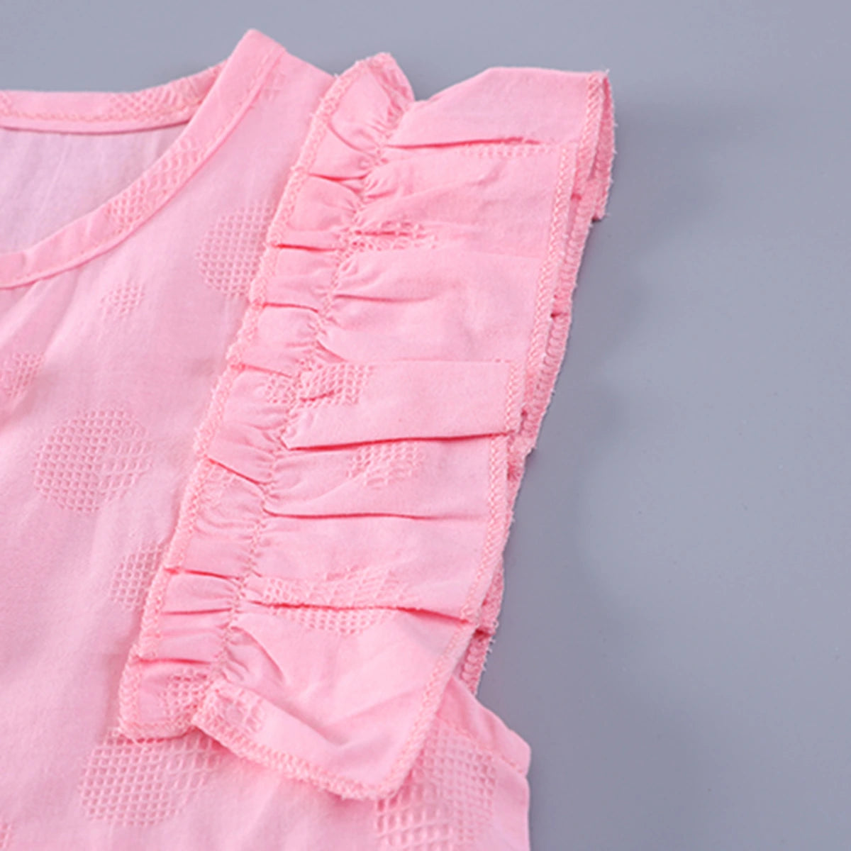 Girls Pink Self Design Top With Pleated Denim Shorts Set Sets