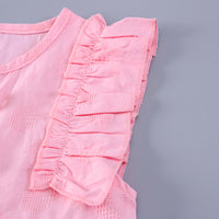 Girls Pink Self Design Top With Pleated Denim Shorts Set Sets