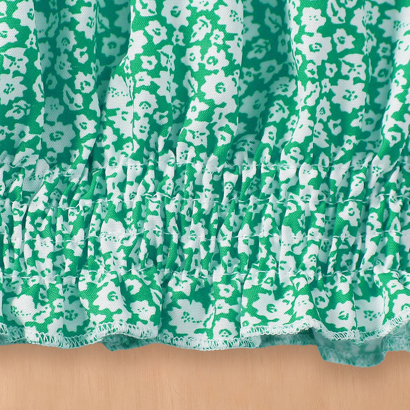 Girls Green Floral Printed Sleeveless Top With Tiered Skirt Set 2 pc. Sets