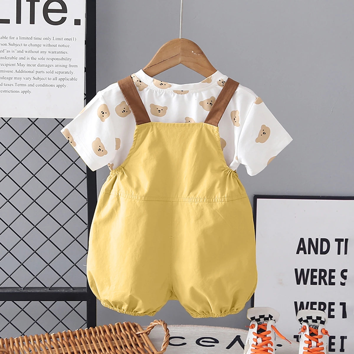 Girls Yellow Embroidered Dungaree With Bear Print T-Shirt Set Sets