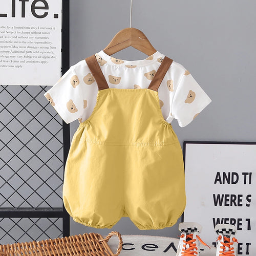 Girls Yellow Embroidered Dungaree With Bear Print T-Shirt Set Sets